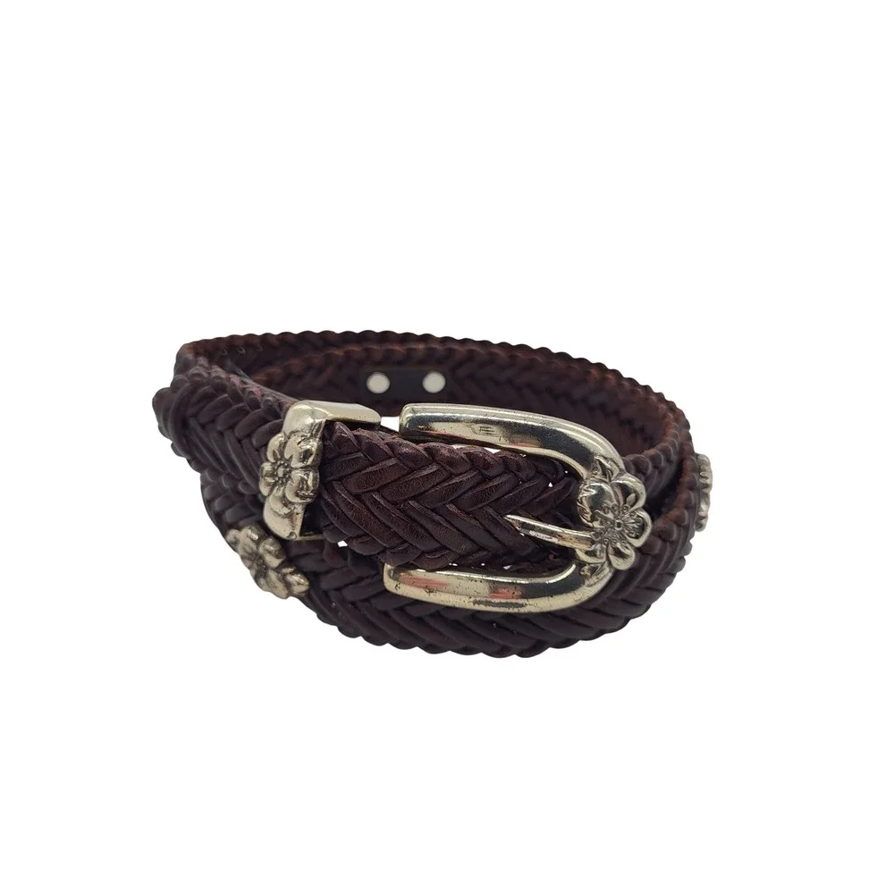 VTG Brighton Woven Braided Leather Belt Brown Floral Concho Western Boho S 28